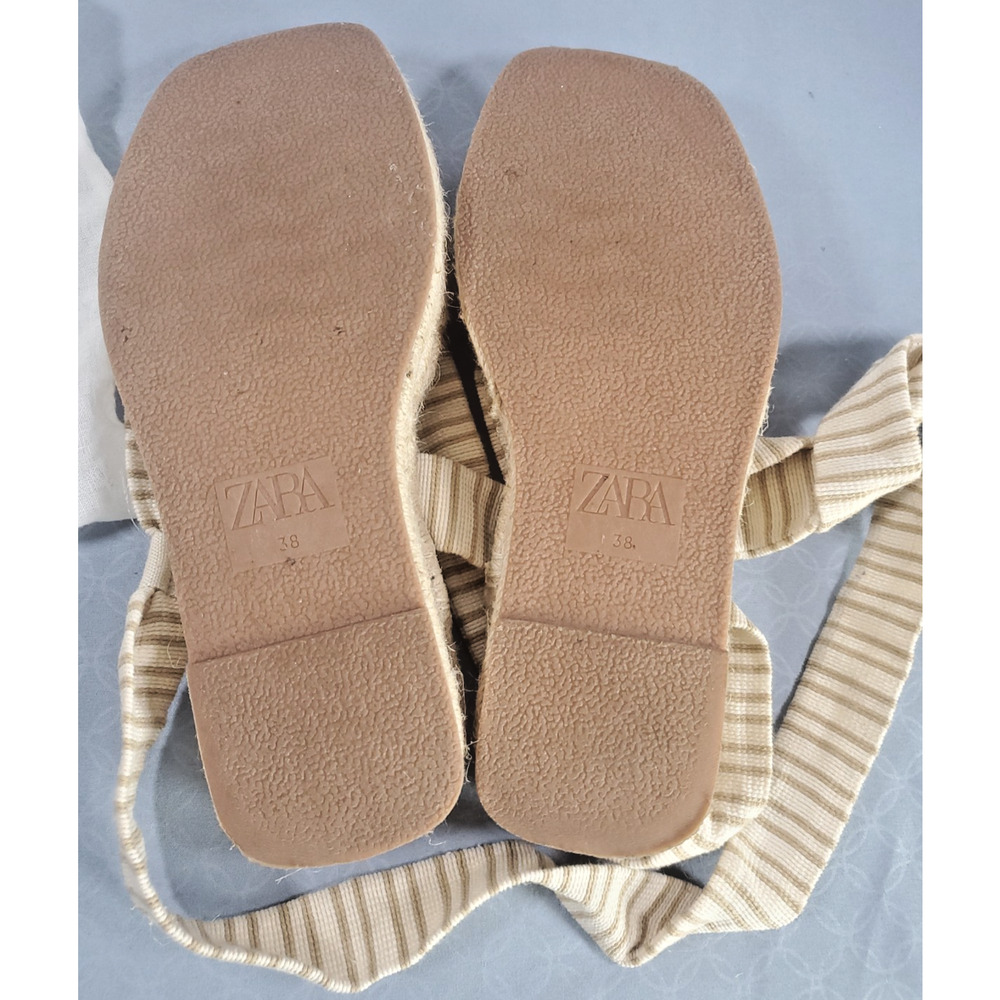 ZARA Striped Espadrille Sandals Women Size 7.5 Lace Up Ankle Tie Flat Jute Boho - Picture 7 of 14